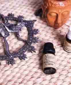 Aceites esenciales, figura dragón y máscara decorativa.