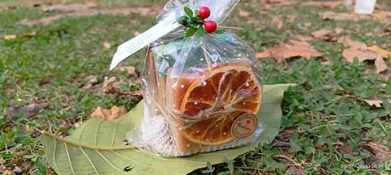 Naranjas deshidratadas empaquetadas sobre hoja y hierba.