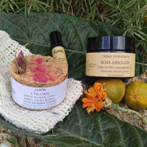 Productos cosméticos naturales sobre hojas verdes.