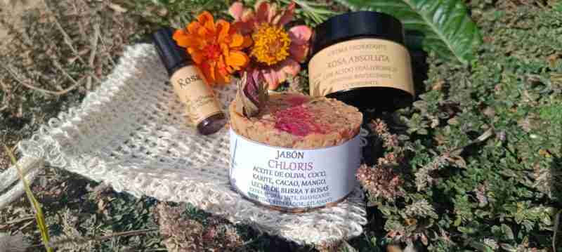 Productos cosméticos naturales con flores.