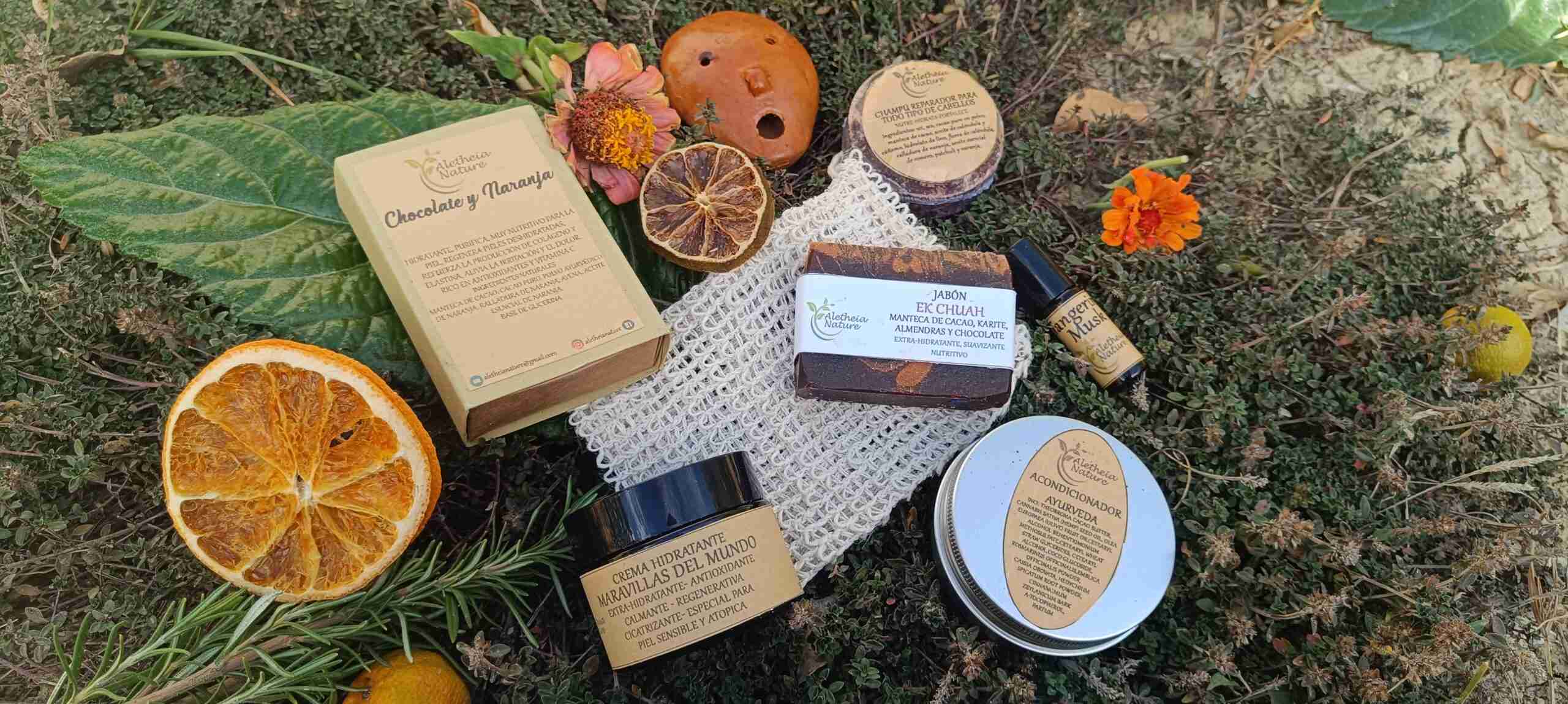 Productos cosméticos naturales y ecológicos en exterior.