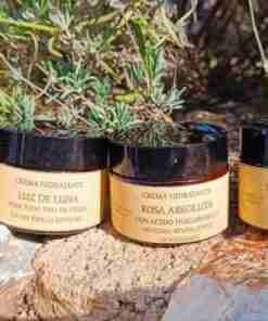 Cremas hidratantes naturales sobre piedra y vegetación.