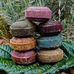 Champús sólidos apilados sobre hoja verde.